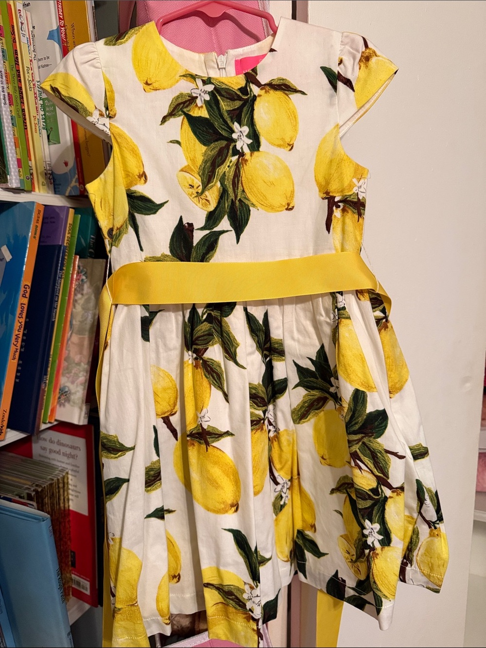 Girls' Yellow Lemon Print Formal Dress with Sash